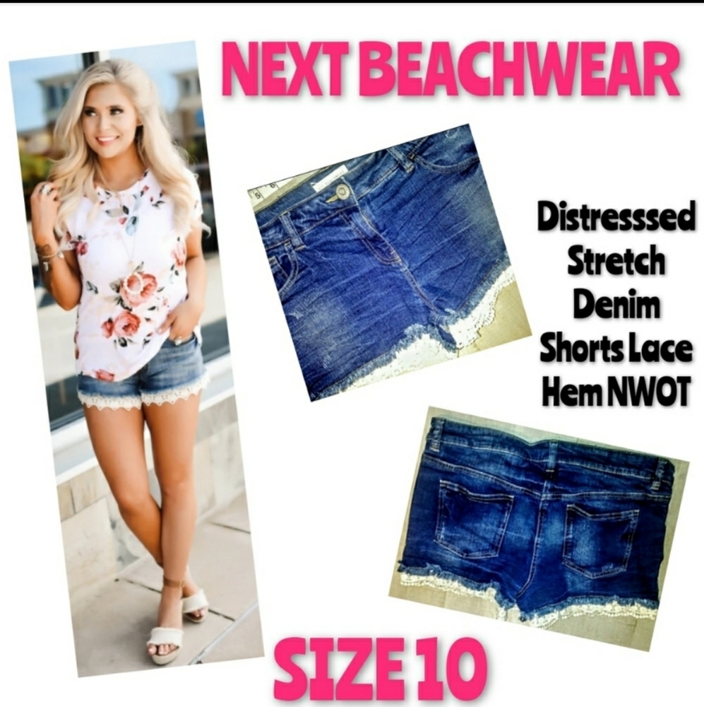 Next Beachwear Denim Lace Shorts Size 10 NWOT - Picture 1 of 8